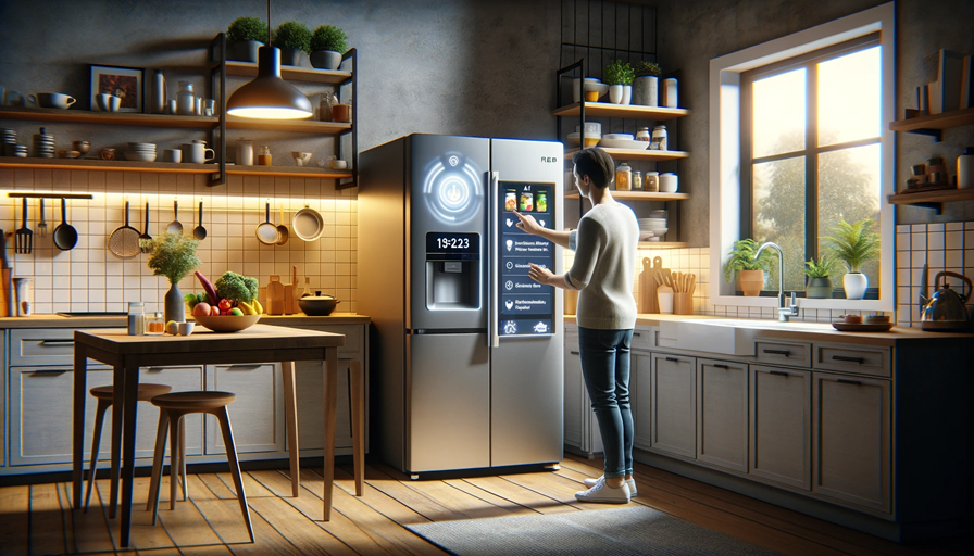 A person opening a smart fridge with a digital interface, showcasing AI integration in a modern kitchen.