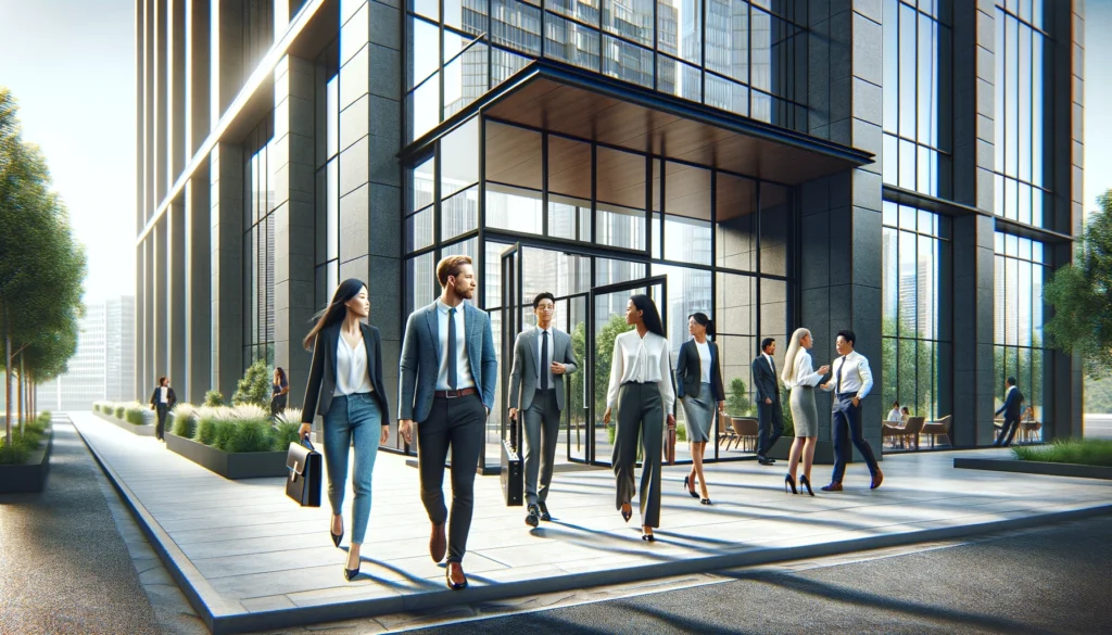 AI Governance Professionals of diverse backgrounds interacting outside a modern office building.