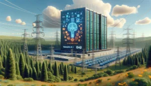 Photorealistic image of a modern data center labeled generative AI, surrounded by lush greenery with overloaded power lines in the foreground.