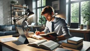 Professional adult studying intensely in a modern, well-lit home office environment, focused on reading books and taking notes with technology like a laptop and tablet.