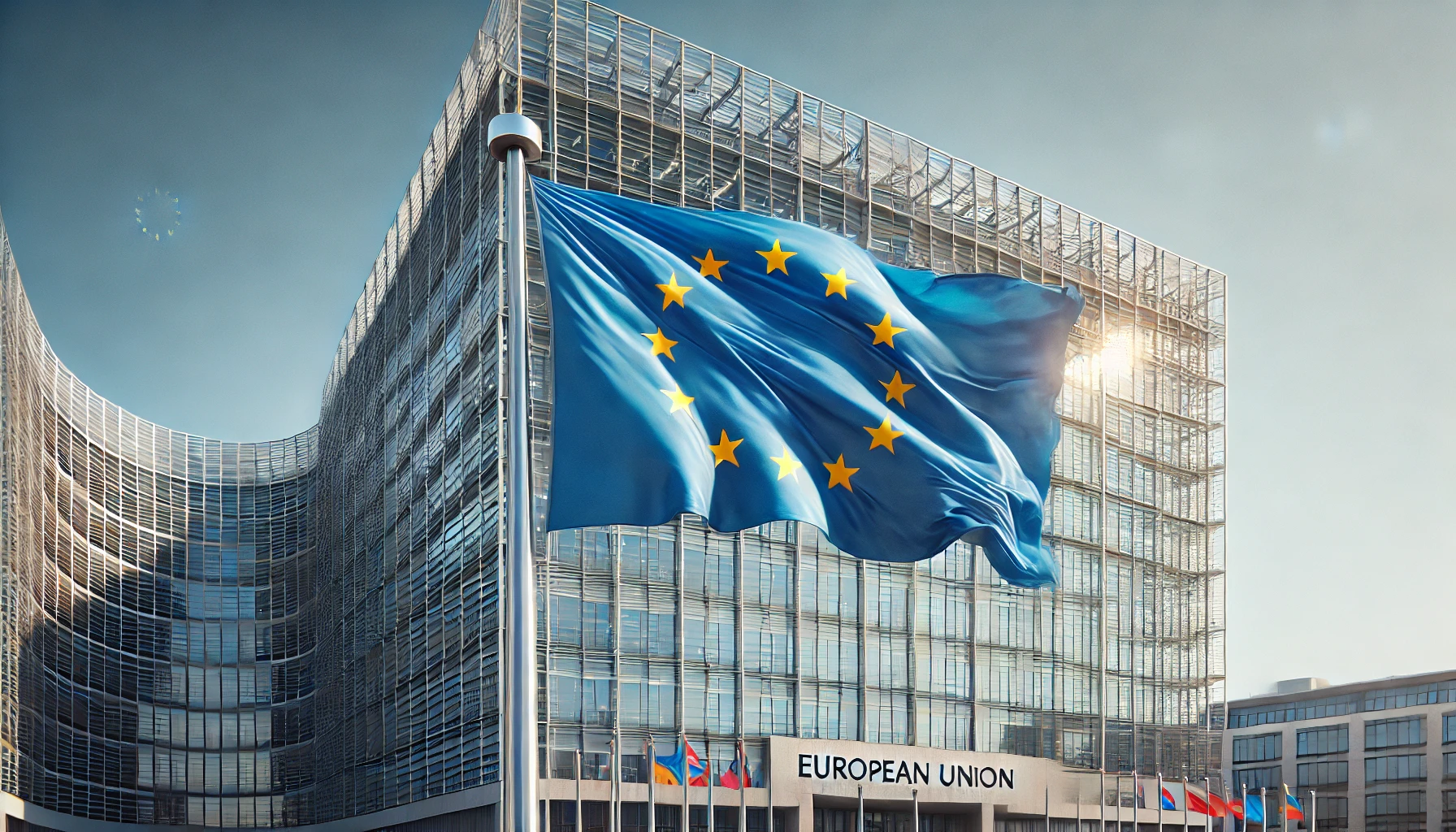 A European Union flag waving in front of a modern EU governmental building on a clear, sunny day.