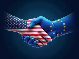 Handshake between U.S. and EU flag-painted hands, representing collaboration on AI governance.