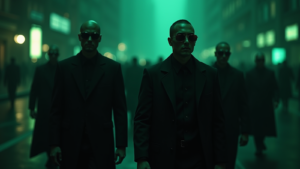 Shadowy figures in black suits with a green glow in a cyberpunk cityscape.