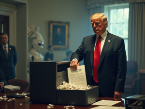 Donald Trump shredding Executive Order 14110 with a dystopian scene of chaos and broken systems in the background.