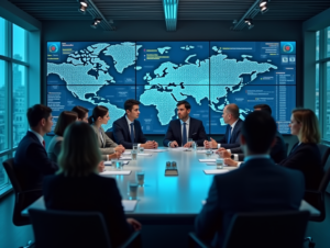 Business professionals discussing AI governance strategies in a modern conference room.