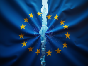 A torn EU flag with AI symbols fading into uncertainty, representing the withdrawal of the AI Liability Directive.