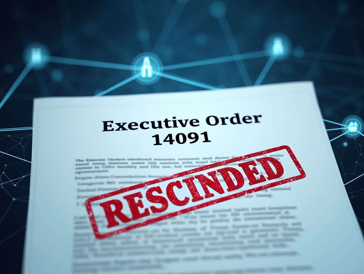 A government document labeled 'Executive Order 14091' stamped as rescinded, with AI network connections fading in the background.