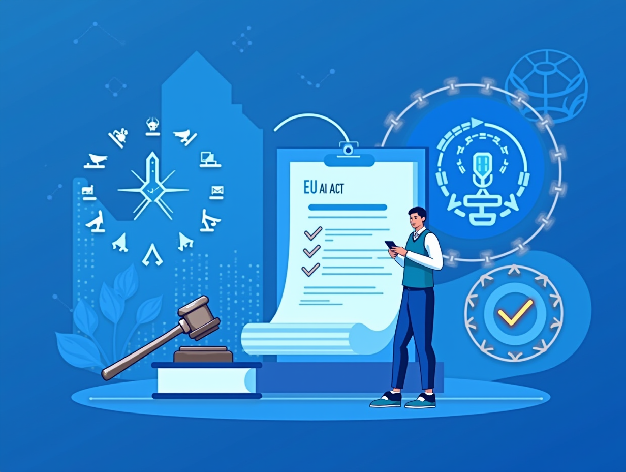 Illustration of AI regulation in the EU, featuring a European Parliament backdrop, a document labeled 'EU AI Act,' and a digital interface displaying compliance measures.