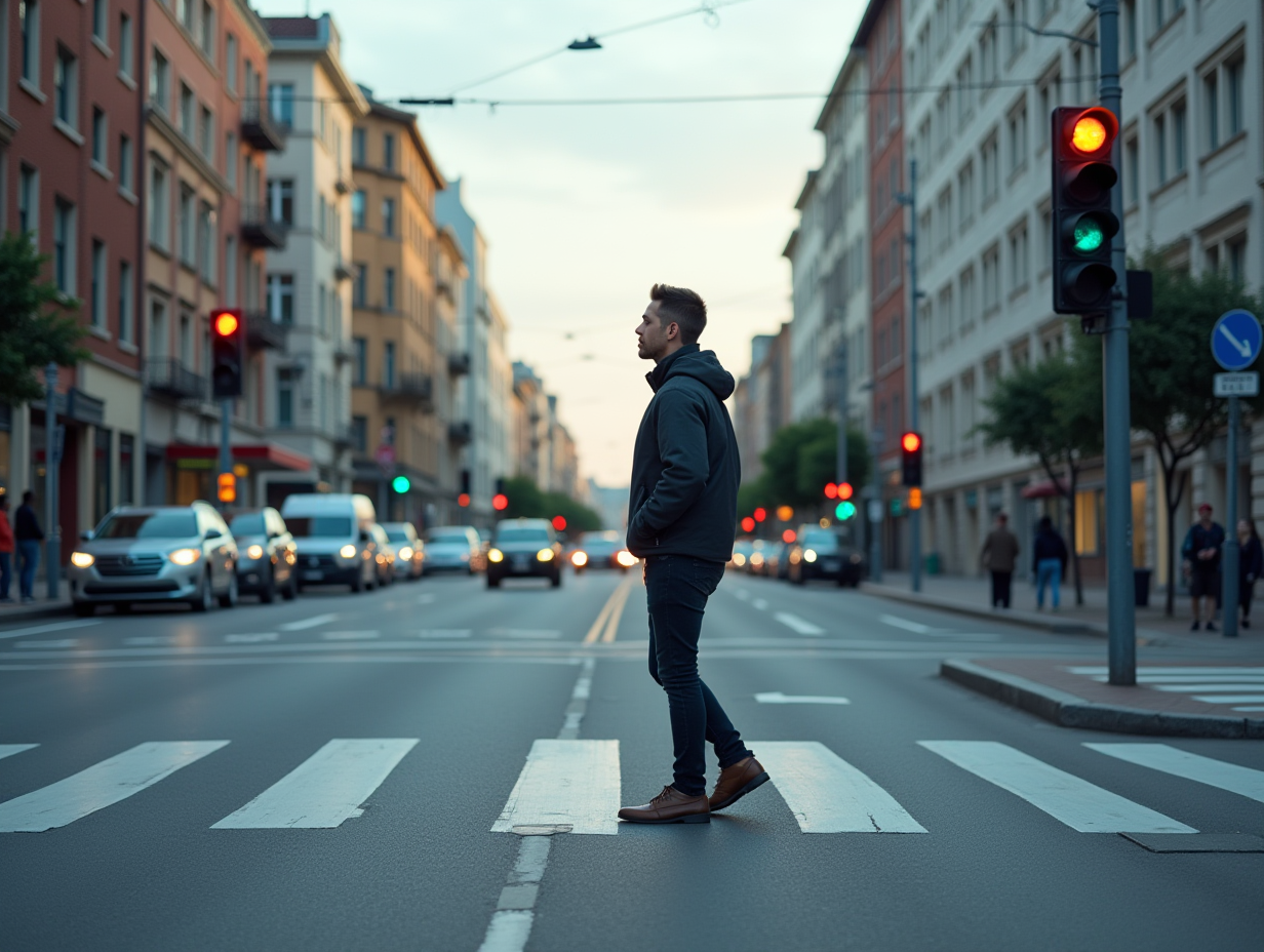 Pedestrian waiting at a crosswalk with a green signal in a busy city.