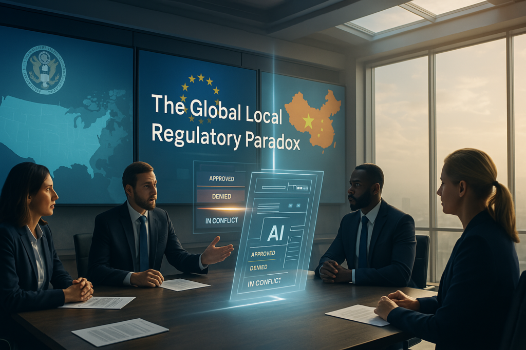 People in a modern meeting room discussing AI governance with digital maps and compliance statuses visible.