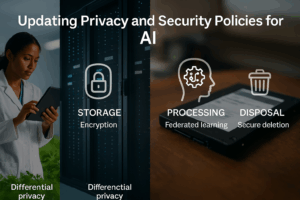 Server room with AI systems, encryption icons, GDPR compliance overlay, and human oversight