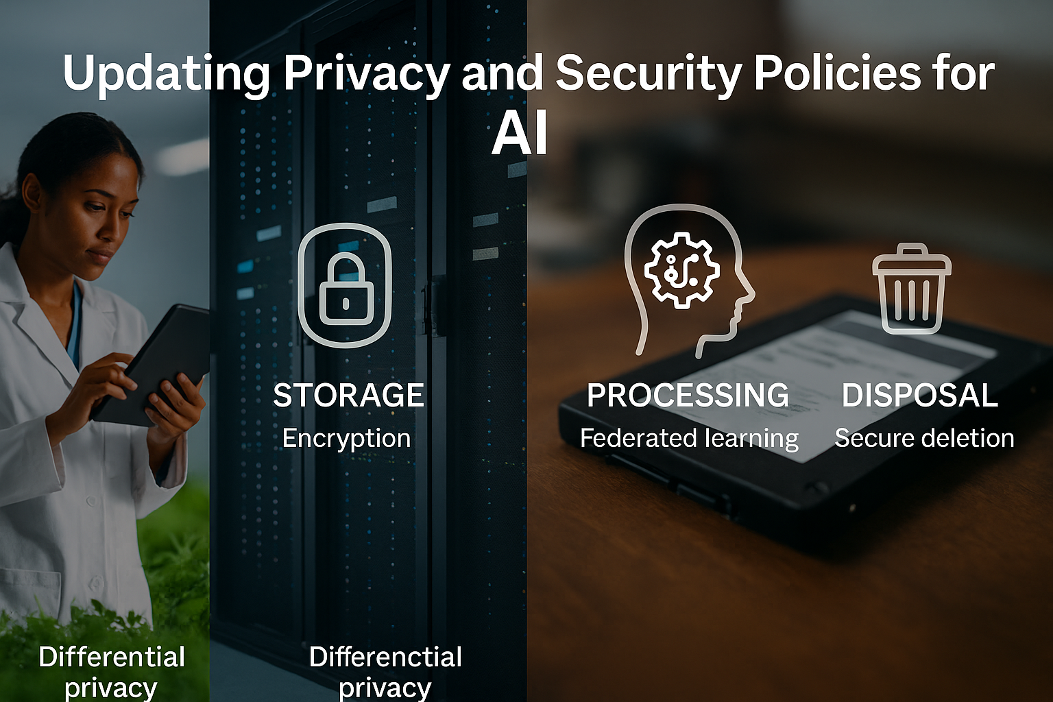 Server room with AI systems, encryption icons, GDPR compliance overlay, and human oversight