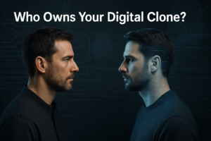 Human facing AI-generated digital clone with legal and biometric symbols