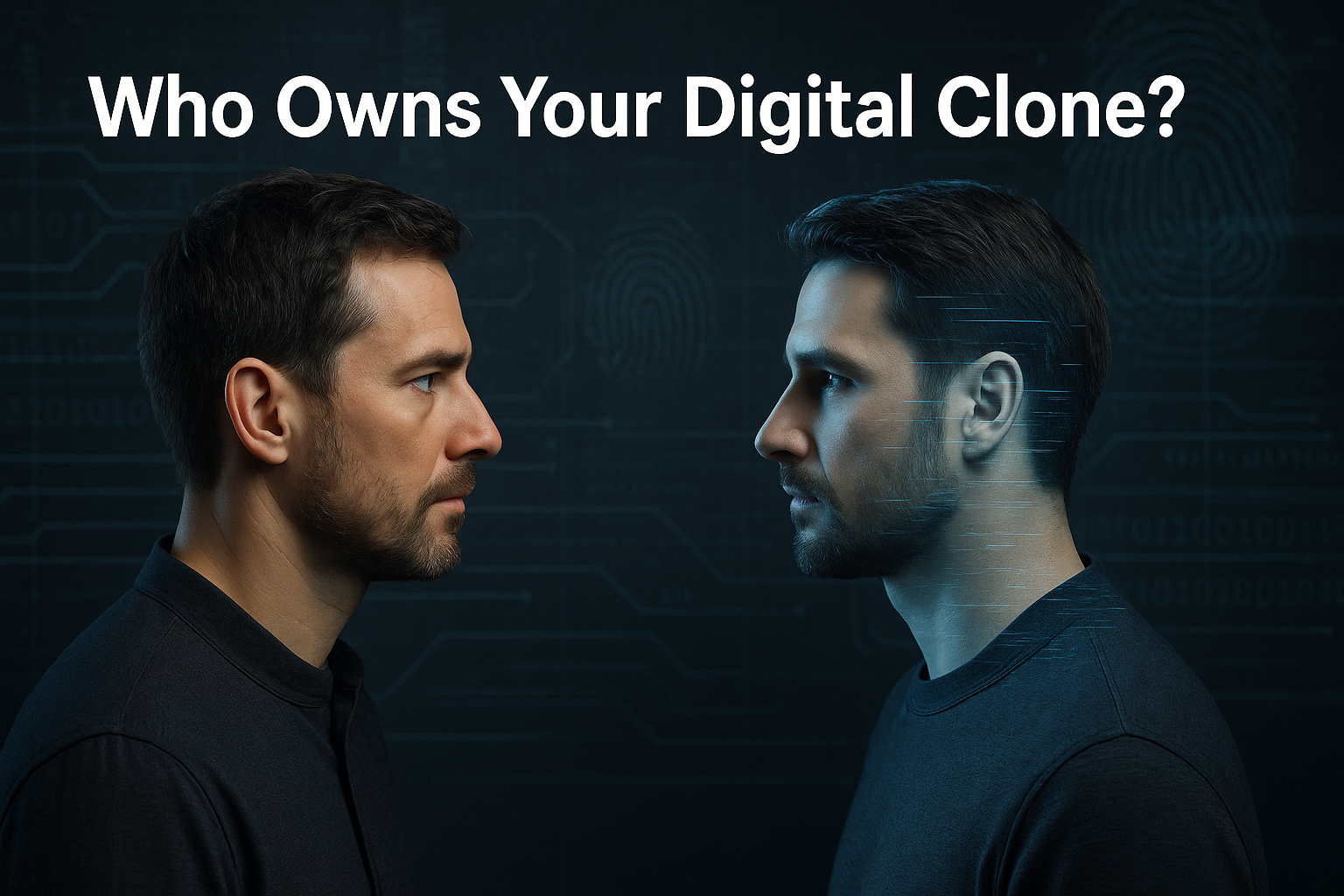 Human facing AI-generated digital clone with legal and biometric symbols