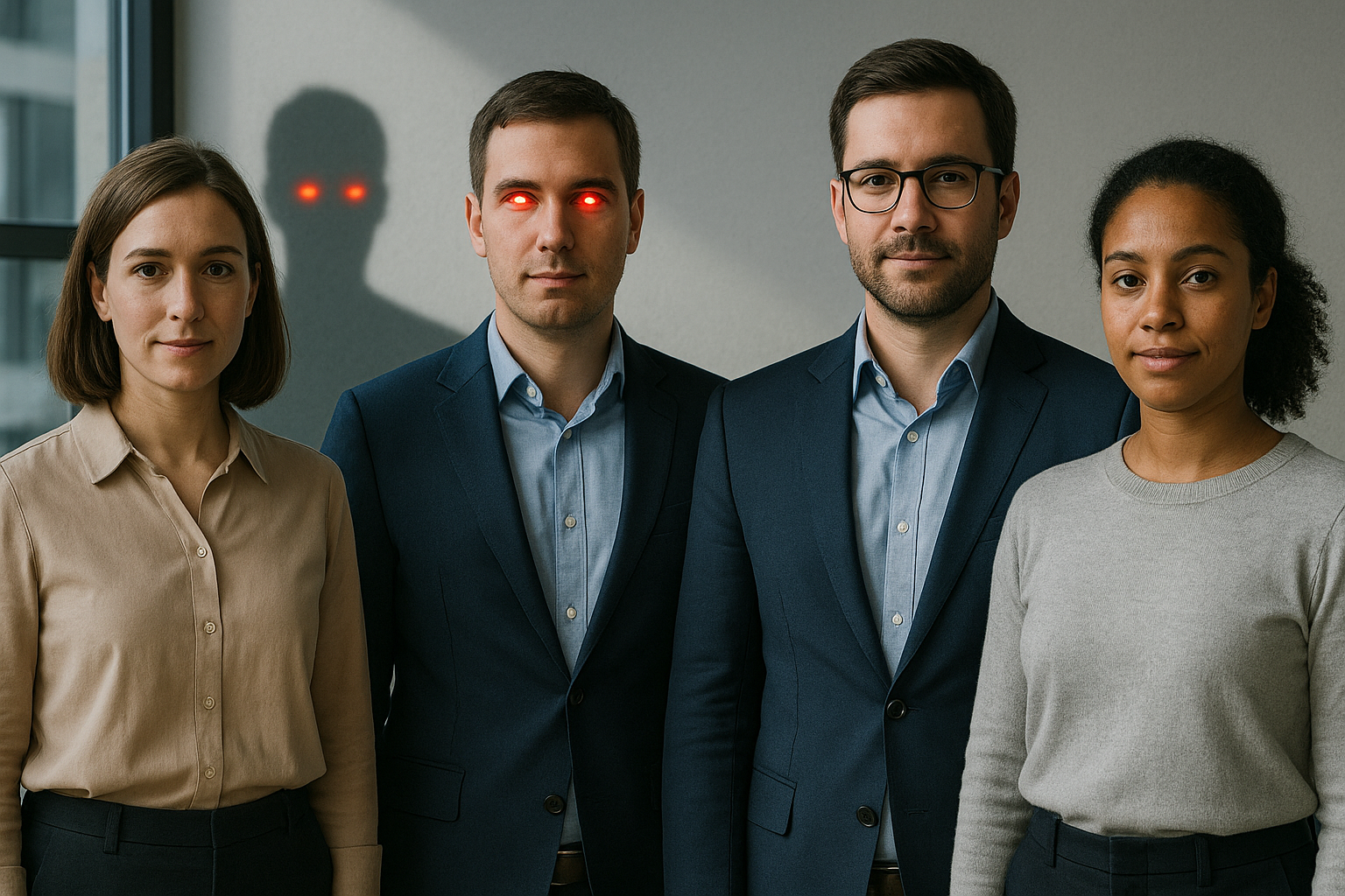 A group of four professionals with one individual having red glowing eyes and a distinct shadow