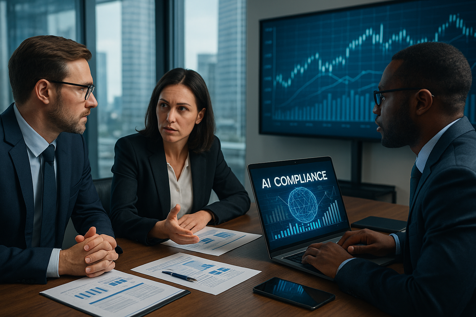 Business professionals reviewing AI compliance strategy in a financial firm