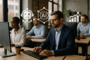 Marketers working with AI tools and SEO dashboards